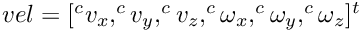 $ vel = [^{c} v_x, ^{c} v_y, ^{c} v_z, ^{c} \omega_x, ^{c} \omega_y, ^{c} \omega_z]^t $