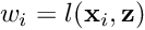 \[ w_i = l(\textbf{x}_i, \textbf{z}) \]