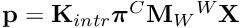 $ \textbf{p} = \textbf{K}_{intr} \boldsymbol{\pi} {}^C\textbf{M}_W {}^W\textbf{X} $