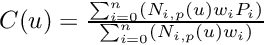 $ C(u) = \frac{\sum_{i=0}^n (N_{i,p}(u)w_iP_i)}{\sum_{i=0}^n (N_{i,p}(u)w_i)} $