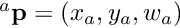 $^a{\bf p}=(x_{a},y_{a},w_{a})$